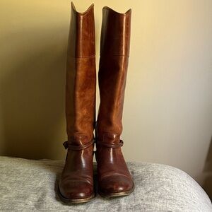 Fry Brown Leather Knee-High Boots with ankle strap.